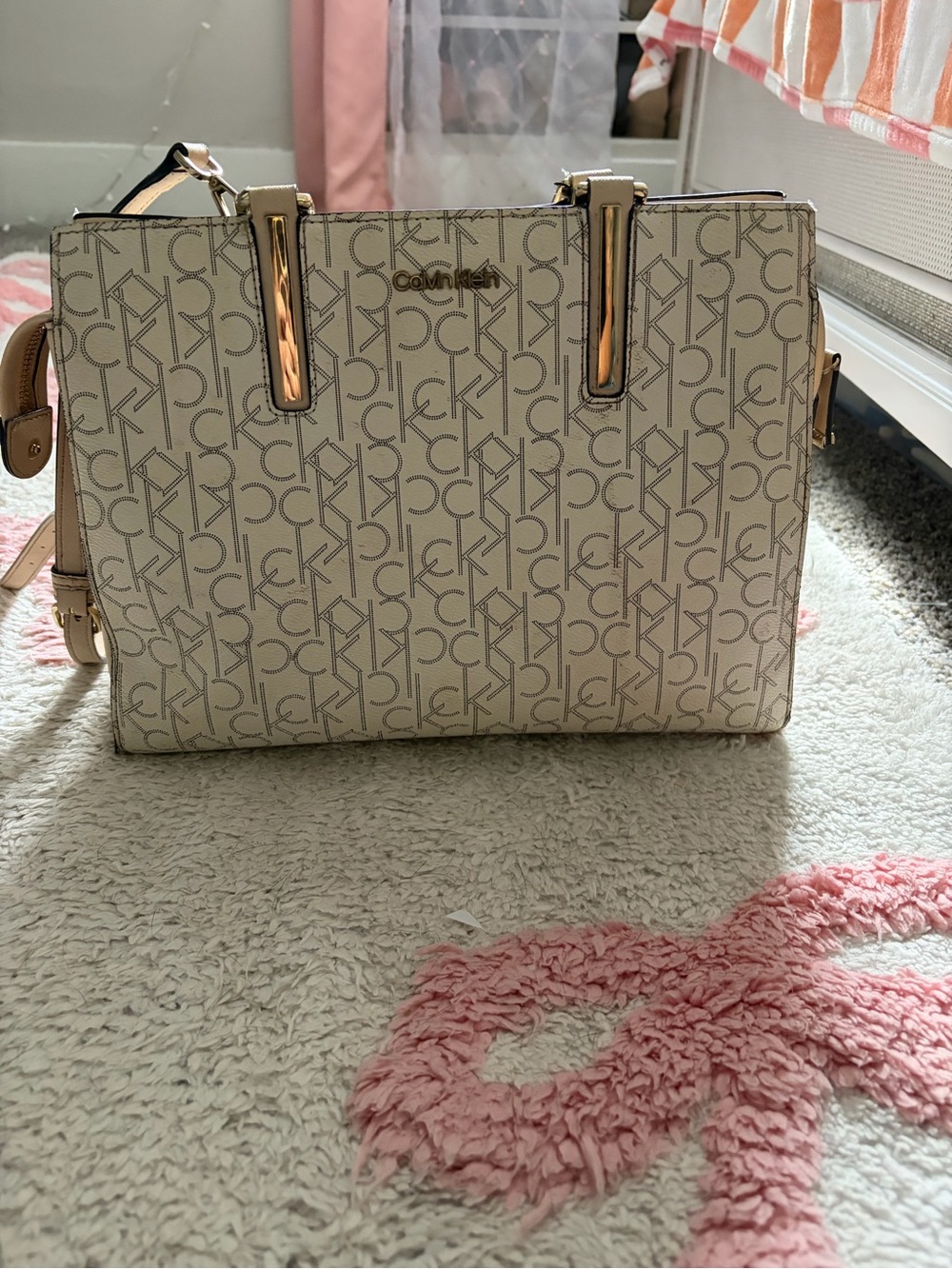 Calvin Klein Cream CK Monogram Tote with Gold Accents